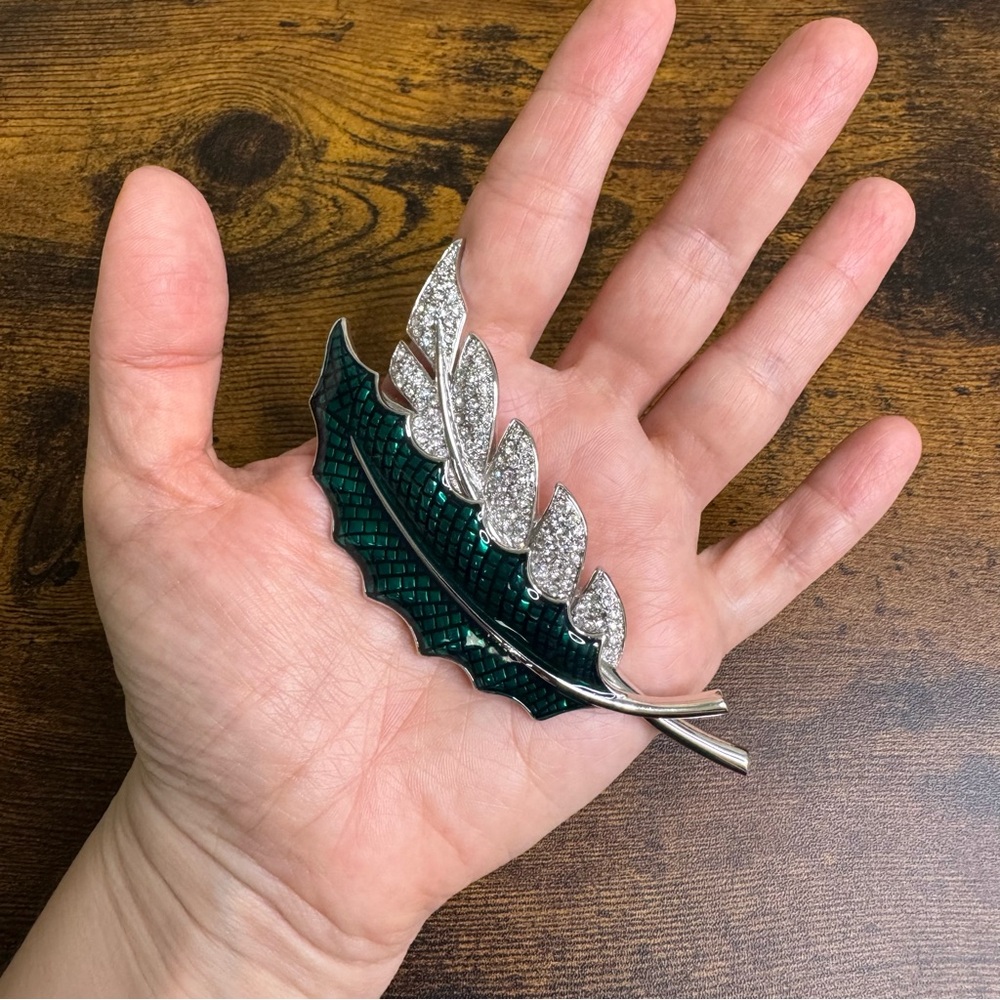 DUTRAY Leaf Brooch Green Enamel Clear Crystal Silver Tone  Vintage France